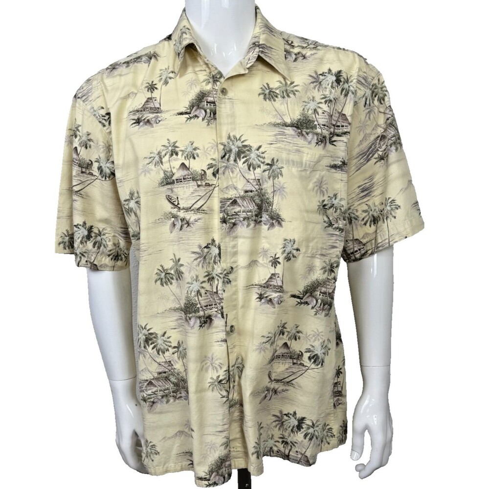 Vintage Hawaiian Shirt Hollis River L Tiki Island Palm Cotton Tropical Aloha Y2K